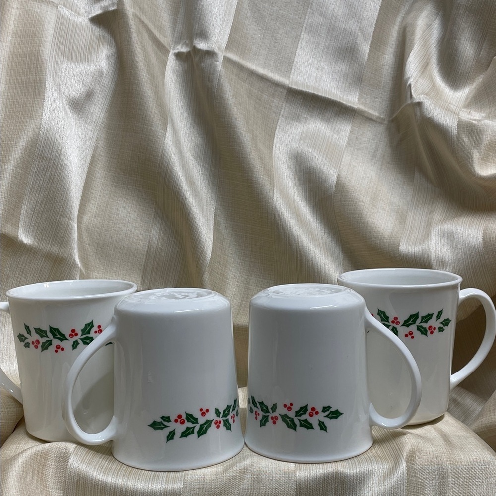 Corelle White Mugs with Green and Red Holly Christmas Design